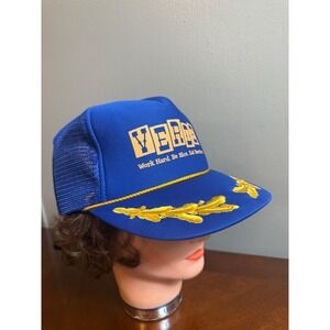 Vintage Nissin Cap Verde Work Hard Be Nice Eat Burritos Trucker Hat Blue Gold